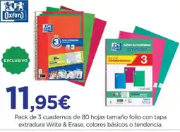 Hipercor Pack de 3 cuadernos de 80 hojas tamaño folio con tapa extradura Write & Erase, colores básicos o tendencia. oferta