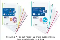Hipercor Recambio A4 de 200 hojas + 50 gratis, cuadrícula 5x5, 5 colores de banda oferta