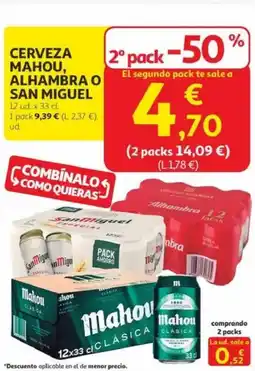 Alcampo Cerveza mahou, alhambra o san miguel oferta