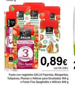 Cash Ifa GALLO Pasta con vegetales Pajaritas, Margaritas, Tulipanes, Plumas o Hélices para Ensaladas oferta