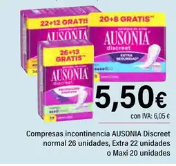 Cash Ifa AUSONIA Compresas incontinencia Discreet normal 26 unidades, Extra 22 unidades o Maxi 20 unidades oferta