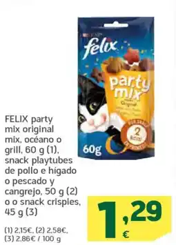 HiperDino FELIX party mix original mix, océano o grill snack playtubes de pollo e hígado o pescado y cangrejo o o snack crispies oferta