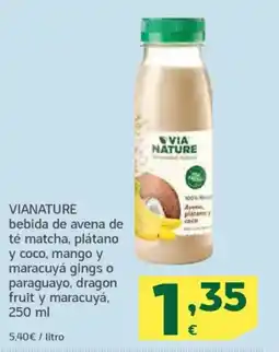 HiperDino VIANATURE bebida de avena de té matcha, plátano y coco, mango y maracuyá gings o paraguayo, dragon fruit y maracuyá oferta