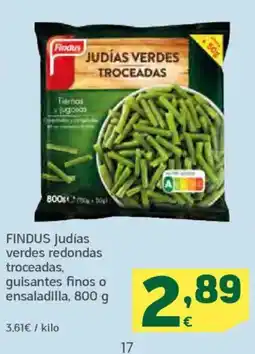 HiperDino FINDUS judías verdes redondas troceadas, guisantes finos o ensaladilla oferta