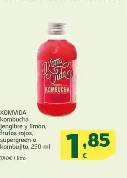 HiperDino KOMVIDA kombucha jengibre y limón, frutos rojos, supergreen o kombujito oferta