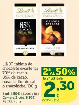 HiperDino LINDT tableta de chocolate excellence 70% de cacao, 85% de cacao, naranja, flor de sal o chocoleche oferta