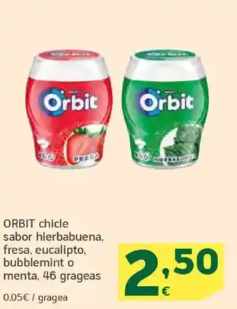 HiperDino ORBIT chicle sabor hierbabuena, fresa, eucalipto, bubblemint o menta, 46 grageas oferta