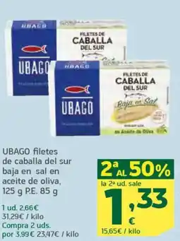 HiperDino UBAGO filetes de caballa del sur baja en sal en aceite de oliva, oferta