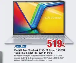 Hiper FROIZ ASUS Portátil VivoBook E1504FA Ryzen 5 7520U 16Gb RAM 512Gb SSD Win 11 Plata oferta