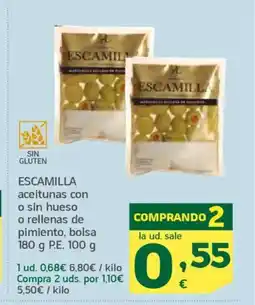 HiperDino ESCAMILLA aceitunas con o sin hueso o rellenas de pimiento, bolsa oferta