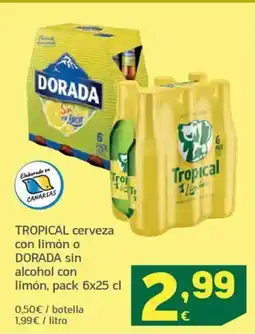 HiperDino TROPICAL cerveza con limón o dorada sin alcohol con oferta