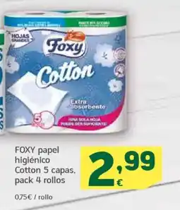HiperDino FOXY papel higiénico Cotton 5 capas, pack 4 rollos oferta