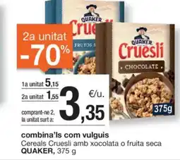 BonpreuEsclat QUAKER Cereals Cruesli amb xocolata o fruita seca oferta