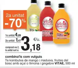 BonpreuEsclat VITAE Te kombutxa de mango i maduixa, fruites del bosc amb açaí o llimona i gingebre oferta