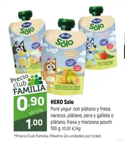 Coviran HERO Solo Puré yogur con plátano y fresa; naranja, plátano, pera y galleta o plátano, fresa y manzana pouch oferta