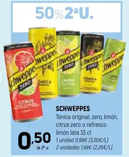 Coviran SCHWEPPES Tónica original, zero, limón, citrus zero o refresco limón lata oferta