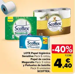 Carrefour Market SCOTTEX Lote papel higiénico sensitive papel de cocina megarollo y pañuelos de bolsillo oferta