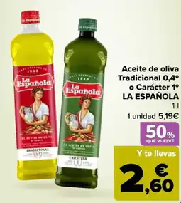 Carrefour LA ESPAÑOLA Aceite de oliva Tradicional 0,4° o Carácter 1° oferta