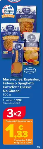 Carrefour Macarrones, Espirales, Fideos o Spaghetti Carrefour Classic No Gluten! oferta