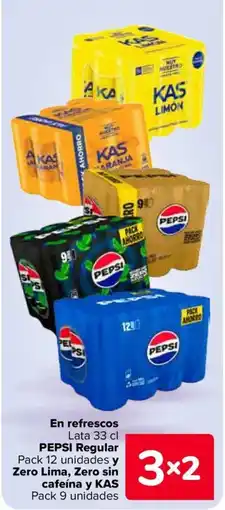 Carrefour PEPSI y KAS En refrescos Regular zero lima zero sin cageina oferta