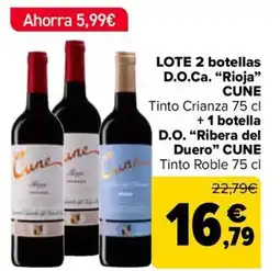 Carrefour CUNE Lote 2 botellas d.o.ca. "rioja" cune + 1 botella d.o. "ribera del duero” oferta