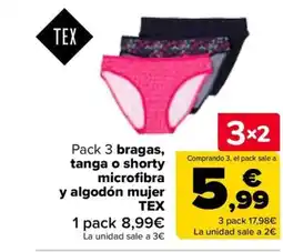 Carrefour TEX Pack 3 bragas, tanga o shorty microfibra y algodón mujer oferta