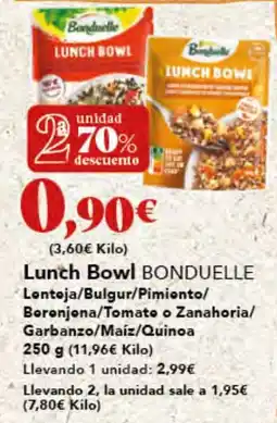 Gadis BONDUELLE Lunch Bowl Lontoja/Bulgur/Pimionto/ Boronjona/Tomato o Zanahoria/ Garbanzo/Maíz/Quinoa oferta