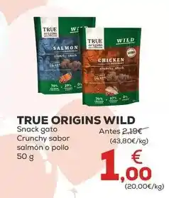 Kiwoko True origins - wild snack gato crunchy sabor salmon o pollo oferta