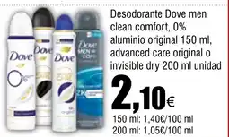 Cash FROIZ Desodorante Dove men clean comfort, 0% aluminio original advanced care original o invisible dry oferta