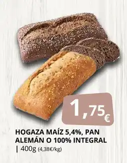 Supermercados MAS Hogaza maíz 5,4%, pan alemán o 100% integral oferta