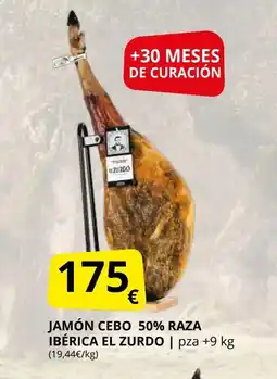 Supermercados MAS EL ZURDO Jamón cebo 50% raza ibérica oferta