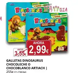 Supermercados MAS ARTIACH Galletas dinosaurus chocoleche o chocoblanco oferta