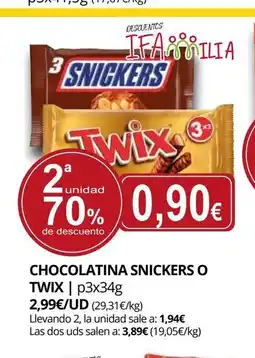 Supermercados MAS SNICKERS O TWIX Chocolatina oferta