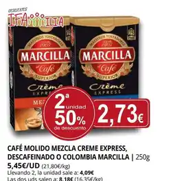 Supermercados MAS MARCILLA Café molido mezcla creme express, descafeinado o colombia oferta
