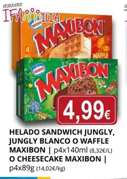 Supermercados MAS MAXIBON Helado sandwich jungly, jungly blanco o waffle oferta