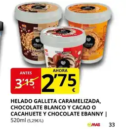 Supermercados MAS Helado galleta caramelizada, chocolate blanco y cacao o cacahuete y chocolate ebanny oferta