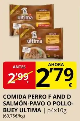Supermercados MAS ULTIMA Comida perro f and d salmón-pavo o pollo- buey oferta