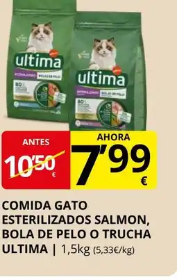 Supermercados MAS ULTIMA Comida gato esterilizados salmon, bola de pelo o trucha oferta
