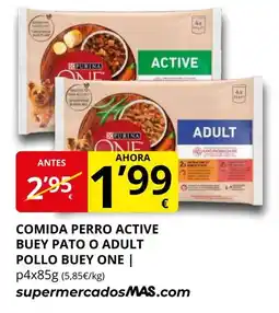 Supermercados MAS ONE Comida perro active buey pato o adult pollo buey oferta