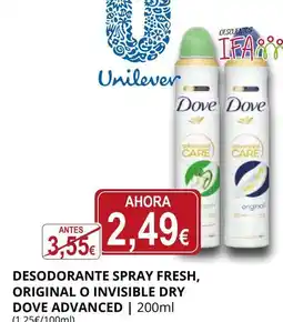 Supermercados MAS Desodorante spray fresh, original o invisible dry dove advanced oferta