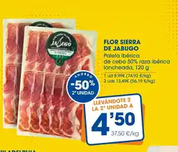 Supermercados Plaza FLOR SIERRA DE JABUGO Paleta ibérica de cebo 50% raza ibérica loncheada oferta