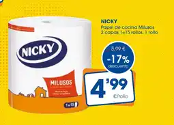 Supermercados Plaza NICKY Papel de cocina Milusos 2 capas 1=15 rollos oferta