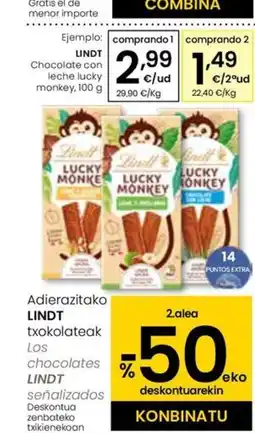 Eroski LINDT Chocolate con leche lucky monkey oferta