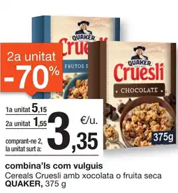 BonpreuEsclat QUAKER Cereals cruesli amb xocolata o fruita seca oferta
