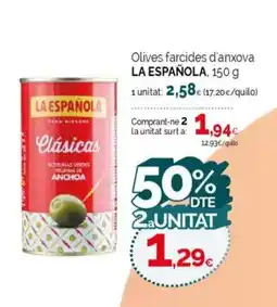 Condis LA ESPAÑOLA Olives farcides d'anxova oferta