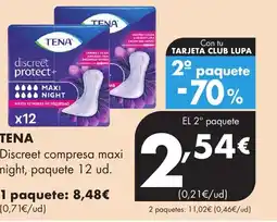 Supermercados Lupa TENA Discreet compresa maxi night, paquete oferta