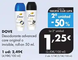 Supermercados Lupa DOVE Desodorante advanced care original o invisible, roll-on oferta