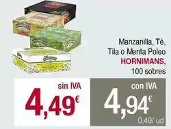 Masymas Hornimans - manzanilla, té, tila o menta poleo oferta