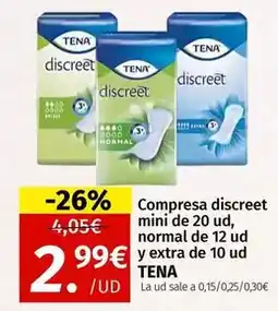 Maskom Supermercados Tena - compresa discreet mini de 20 ud/ normal de 12 ud y extra de 10 ud oferta