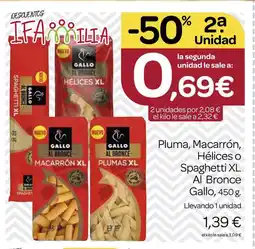 Supermercados El Jamón GALLo Pluma, Macarrón, Hélices o Spaghetti XL Al Bronce oferta